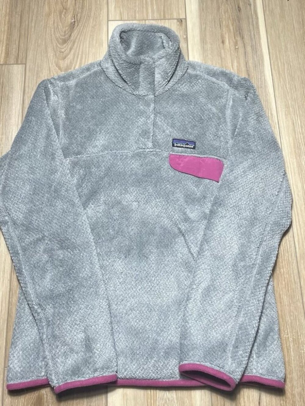 Patagonia Gray Pink Trim Fleece Re-tool 1/4 Snap Pullover Sweater - Size Small